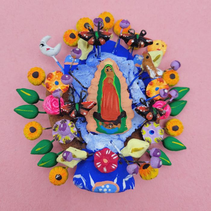 Miniature Vibrant Blue Arbol de Vida Tree of Life Barro Folk Art Virgin de Guadalupe Metepec Mexico