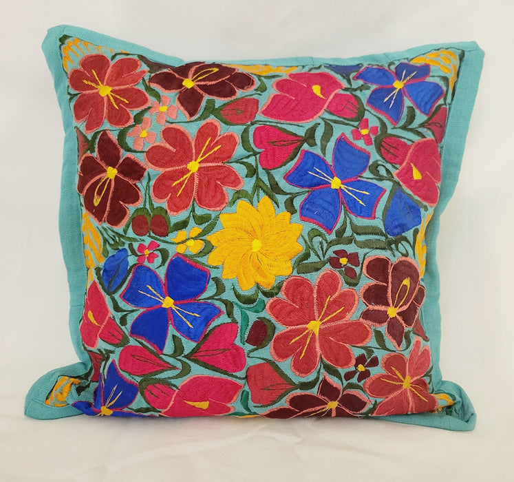 Decorative Embroidered Pillow Cushion 17 inch Cover Floral Folk Light Blue
