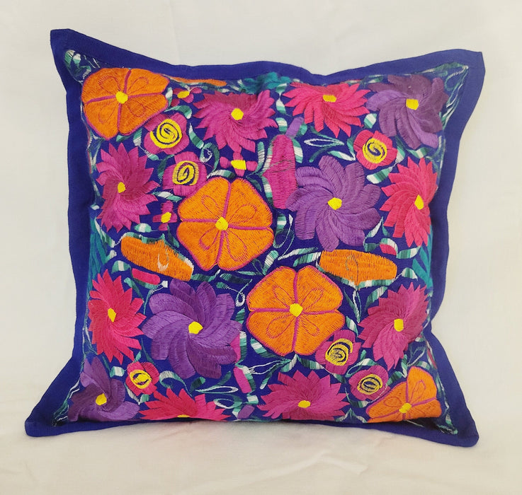 Decorative Embroidered Pillow Cushion 17 inch Cover Floral Folk Dark Blue