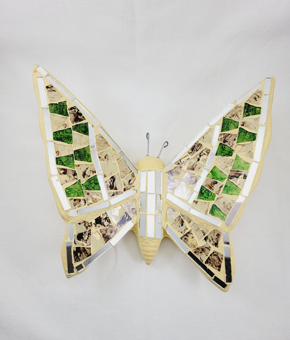 Mexican Barro Butterfly Mosaic Glass Mirror Folk Art Home Garden Patio Wall Decor Cream Green