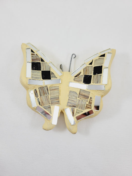 Mexican Barro Mini Butterfly Mosaic Glass Mirror Folk Art Home Garden Patio Wall Decor Cream