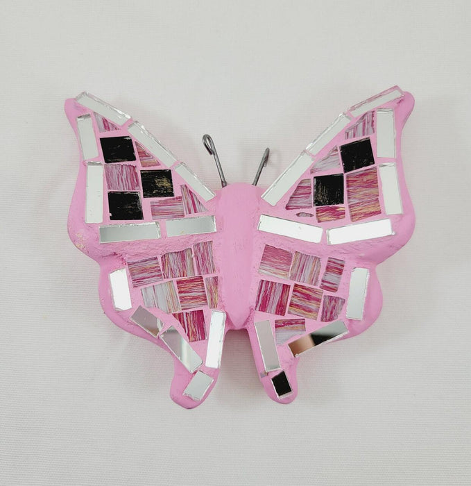 Mexican Barro Mini Butterfly Mosaic Glass Mirror Folk Art Home Garden Patio Wall Decor Pink