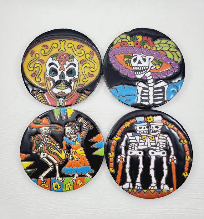 Folk Barro Talavera 4.25 inch Circular Coaster Set of 4 Dia de Los Muertos Black Handmade Mexico