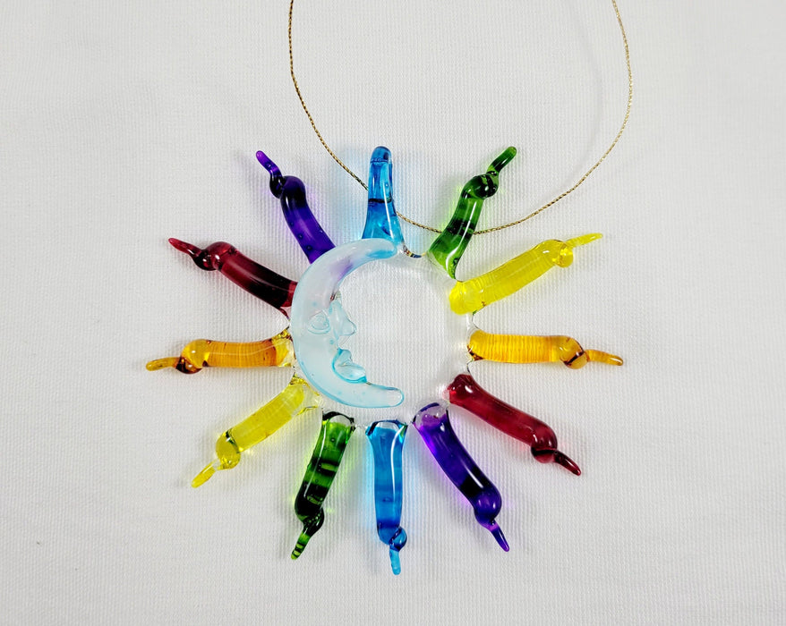 Mexican Folk Artisan Glass Ornament Rainbow Sol y Luna (Sun and Moon) Handmade