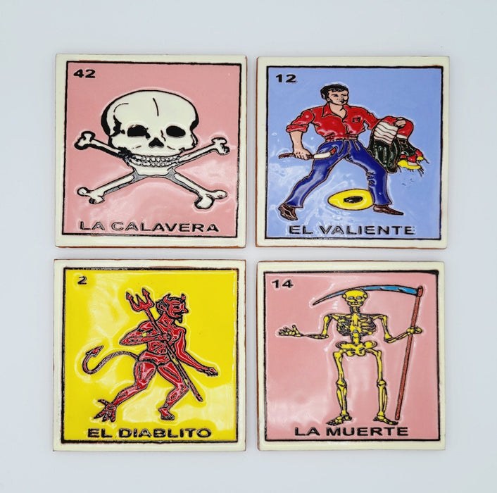 Folk Barro Talavera 4 inches Square Coaster Set of 4 Handmade Mexico Loteria El Diablito