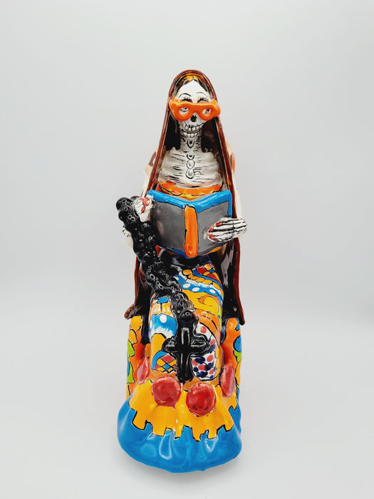 La Calavera Catrina Abuela Rosary Sitting Down Folk Mexican Talavera 9 inch Dia de los Muertos