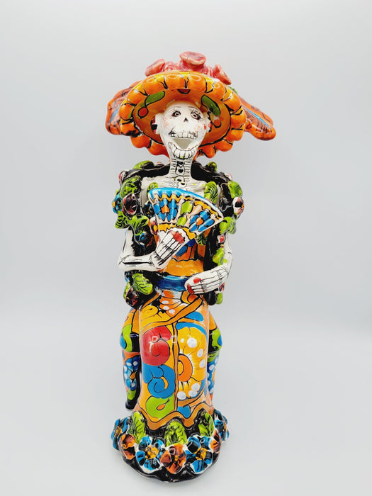 La Calavera Catrina Folk Sitting Down Folk Mexican Talavera Style 10 inch Dia de los Muertos