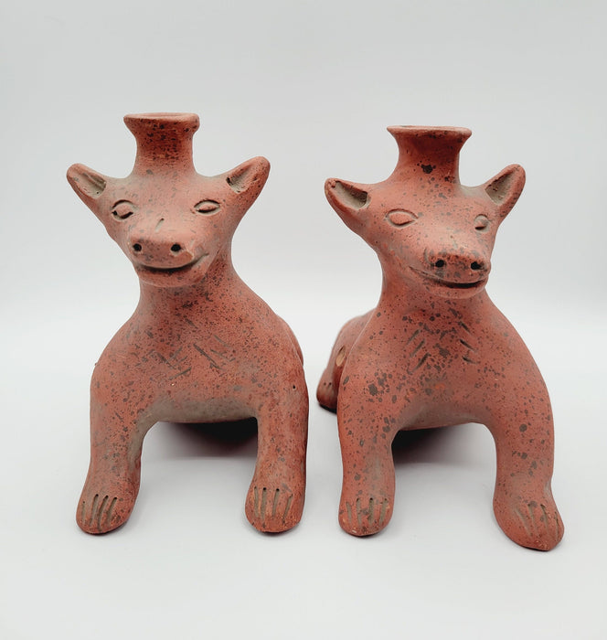Vintage Pair of Handmade Xoloitzcuintli Dog Candles Mexican Barro Clay