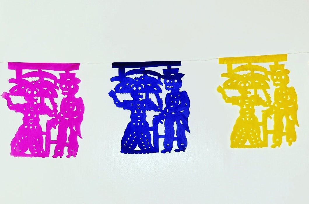 Vintage Papel Picado Banner La Catrina y el Catrin Handmade Folk Mexican Artisan Dia de Los Muertos 7ft long with 10 Flags