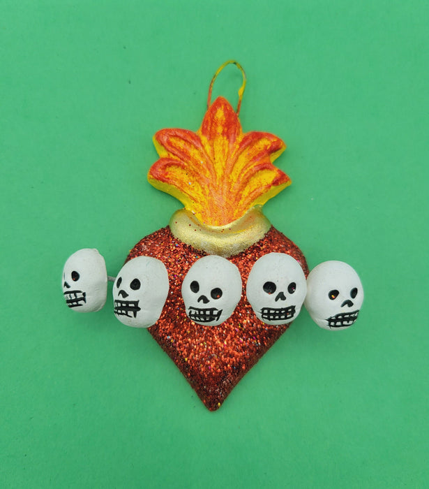 Barro de Oaxaca Handmade Flaming Heart Milagro Corazon Red Craneos Ready to Hang