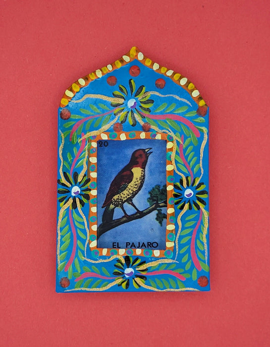 El Pajaro Loteria Nicho Hojalata Tin Folk Dia de los Muertos Oaxaca Mexico