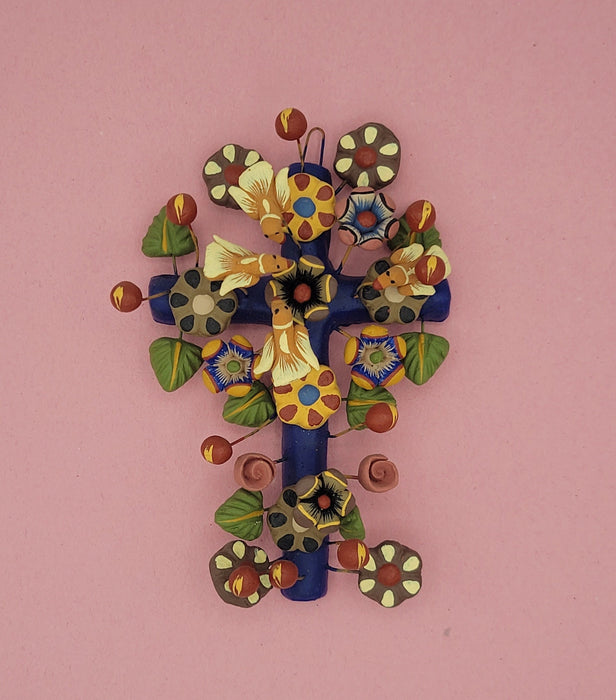 Handmade Folk Miniature Arbol de Vida Tree of Life Blue Cross Floral Metepec Mexico ready to hang