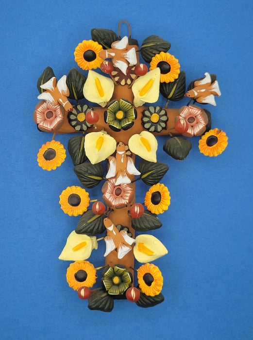 Handmade Folk Arbol de Vida Tree of Life Brown Sunflowers Cross Floral Metepec Mexico ready to hang