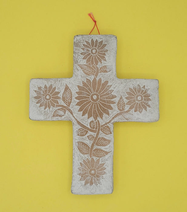 Handmade Folk Cross Sunflower Leave Engraved Design Teotihuacan Mexico ready to hang