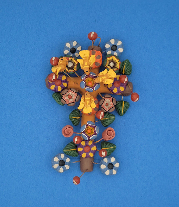 Handmade Folk Miniature Arbol de Vida Tree of Life Brown Cross Floral Metepec Mexico ready to hang