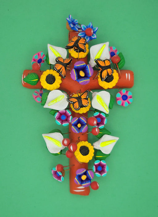 Handmade Cross Folk Arbol de Vida Tree of Life Orange Sunflowers Butterflies Floral Metepec Mexico ready to hang