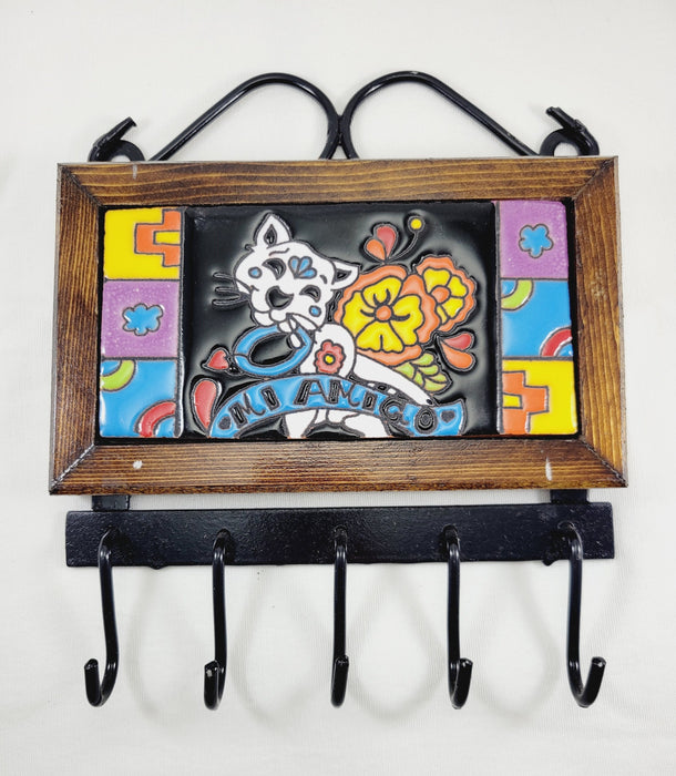 Wall Decor Mount Key Holder Wood Tile Talavera Mi Amigo Gato Cat Hanmade Folk Mexico