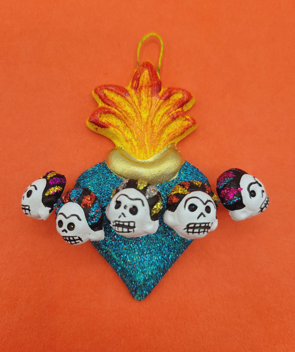 Barro de Oaxaca Handmade Flaming Heart Milagro Corazon Blue Frida Ready to Hang