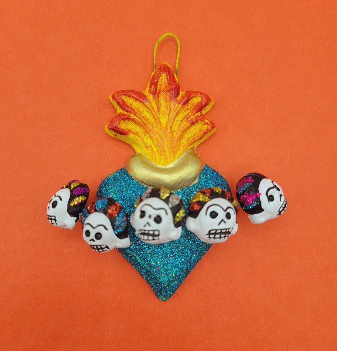 Barro de Oaxaca Handmade Flaming Heart Milagro Corazon Blue Frida Ready to Hang