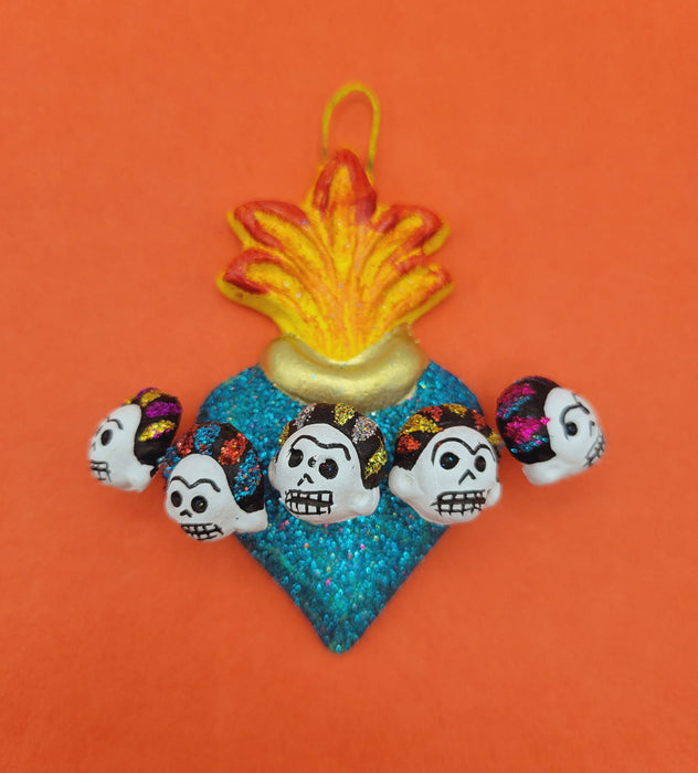 Barro de Oaxaca Handmade Flaming Heart Milagro Corazon Blue Frida Ready to Hang